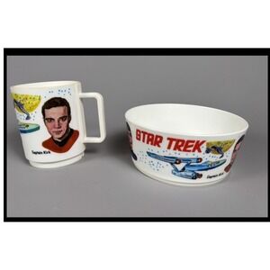 Vintage 1975 Star Trek Deka Mug and Bowl Set Captain Kirk Spock McCoy USA Made